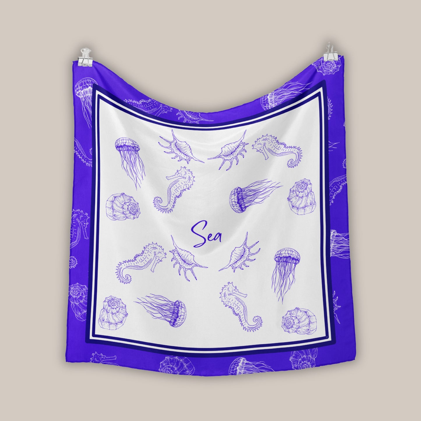 Cobalt Blue Marine Life Silk Square Scarf