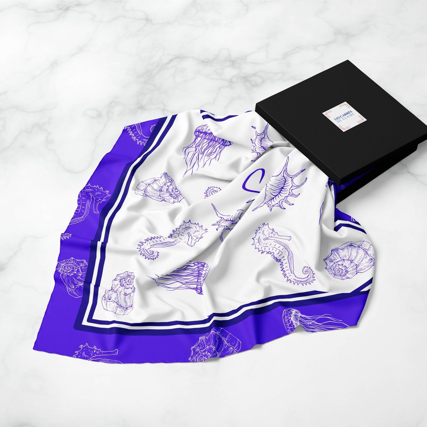 Cobalt Blue Marine Life Silk Square Scarf