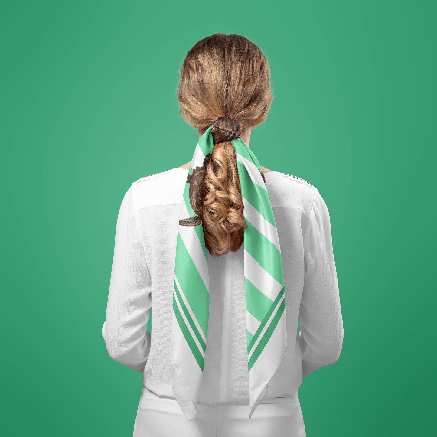 Turtle Silk Square Scarf with Aqua Green Stripes