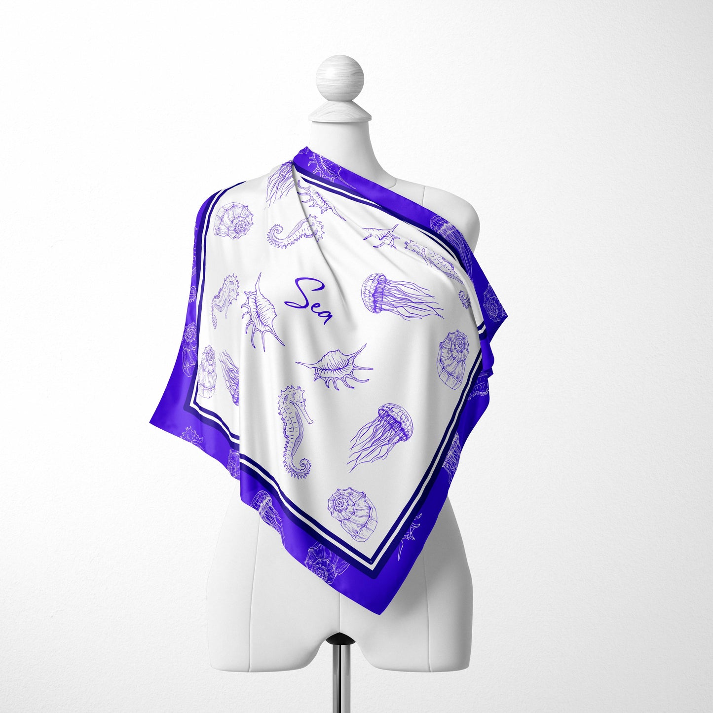 Cobalt Blue Marine Life Silk Square Scarf