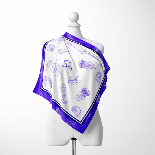Cobalt Blue Marine Life Silk Square Scarf