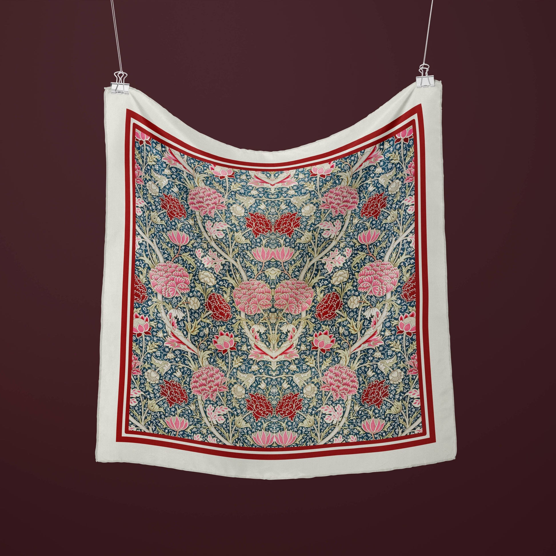 William Morris Botanical Silk Scarf burgundy red and pink
