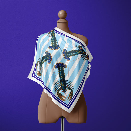 Blue Striped Lobster Silk Square Scarf