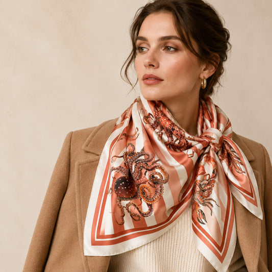 Octopus Silk Square Scarf with Terracota Orange Stripes