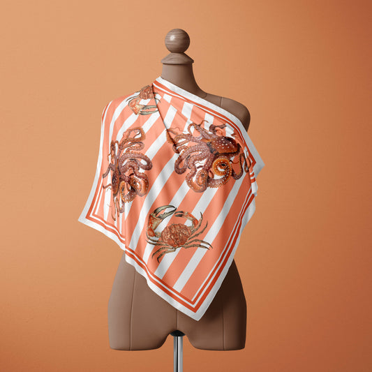 Octopus Silk Square Scarf with Terracota Orange Stripes