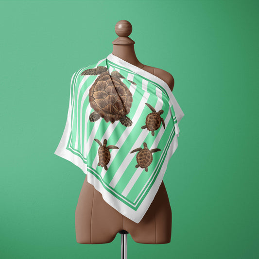 Turtle Silk Square Scarf with Aqua Green Stripes